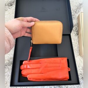 Zara boxed Orange Leather Gloves and Tan Wallet Set